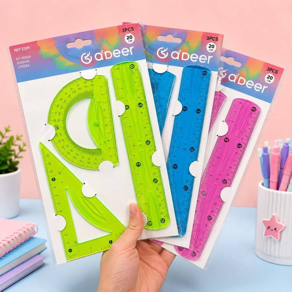 Kit Régua Flexível Clorida Escolar 20cm 3 Peças | Régua, Esquadro e Transferidor Colorido