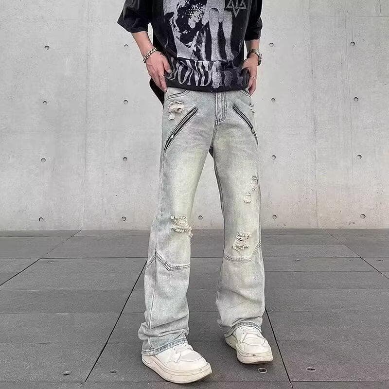 Sinta-se americano Retro High Street rasgado Jeans masculino lama amarelo tingido lavagem água angustiado ligeiramente C