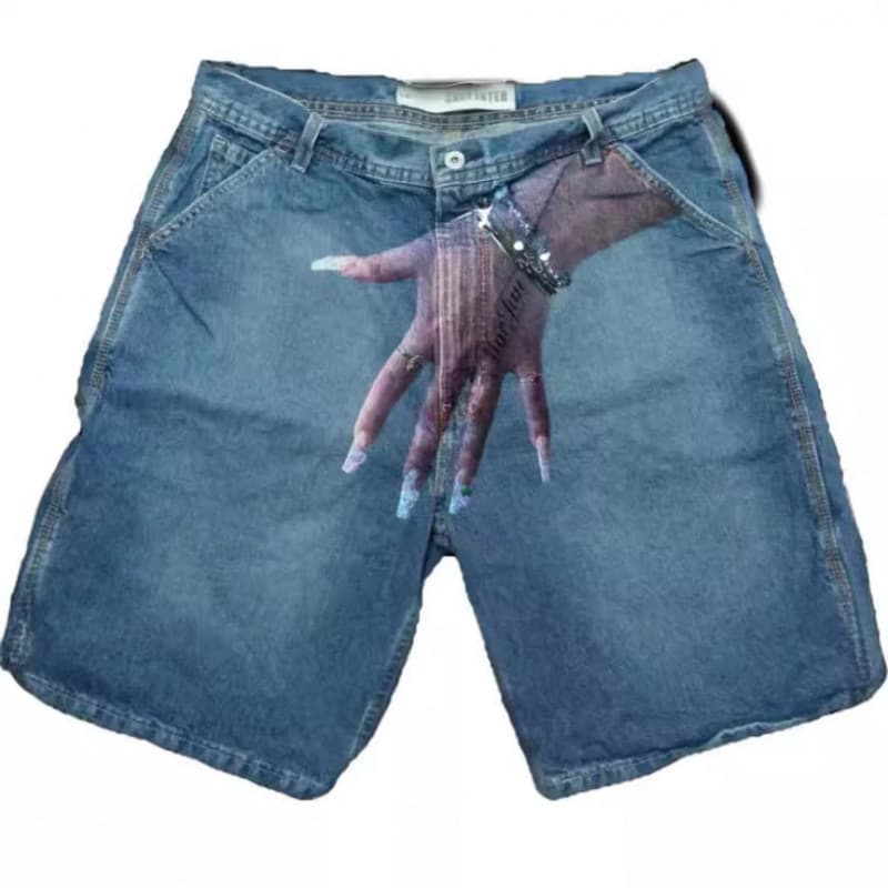 Primavera verão novo estilo europeu americano gótico Harajuku estilo engraçado padrão impresso Denim Shorts masculino Hi