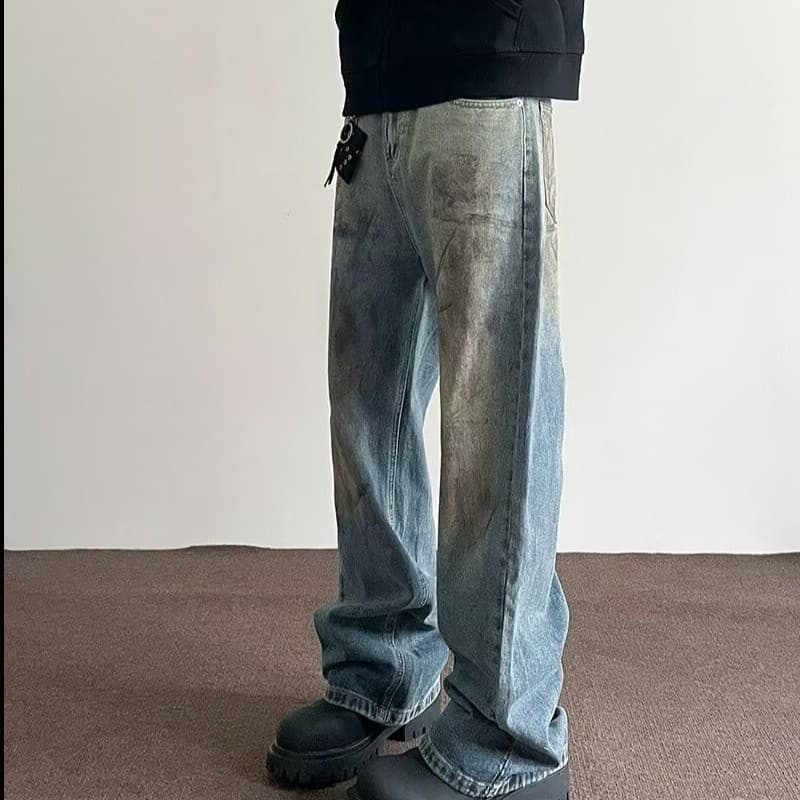 Lavado angustiado Jeans masculino outono americano Retro solto perna larga em linha reta chão-esfregando calças frito ru