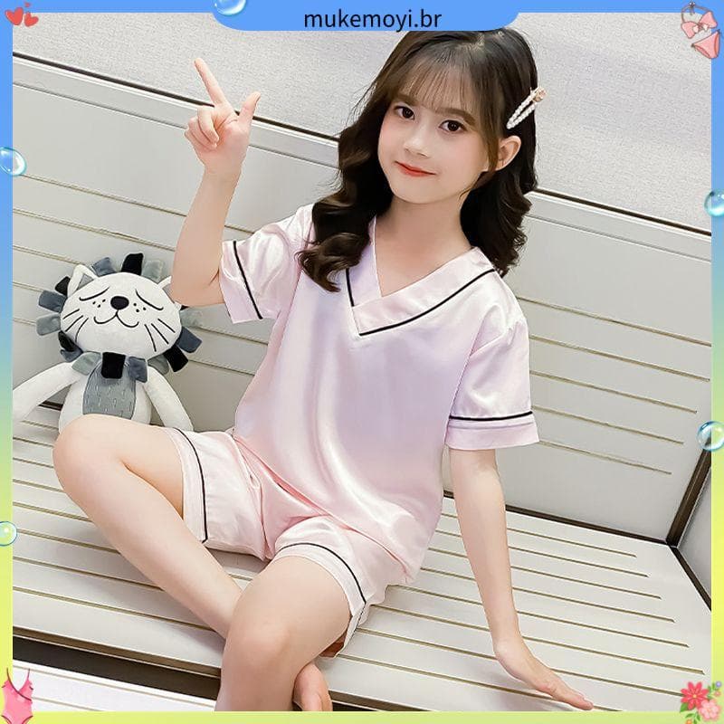 Roupas de casa para crianças grandes verão versão coreana pijamas de manga curta para meninas conjunto solto novo estilo