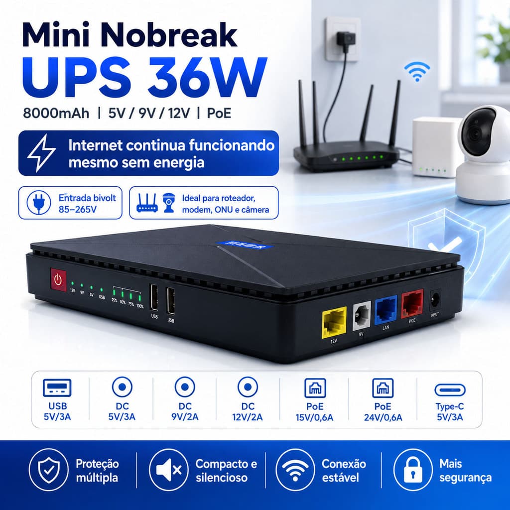 Mini Nobreak Ups 36w Usb Type-c Roteador Wifi 5v Á 24v IT-BLUE MAX-4011