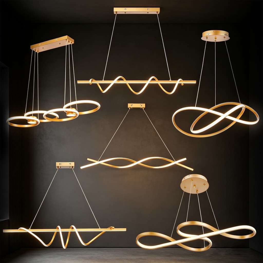 Luminária Pendente LED Dourada Moderna 6 Modelos Espiral Anéis Infinito Bivolt 3 Cores Teto Parede