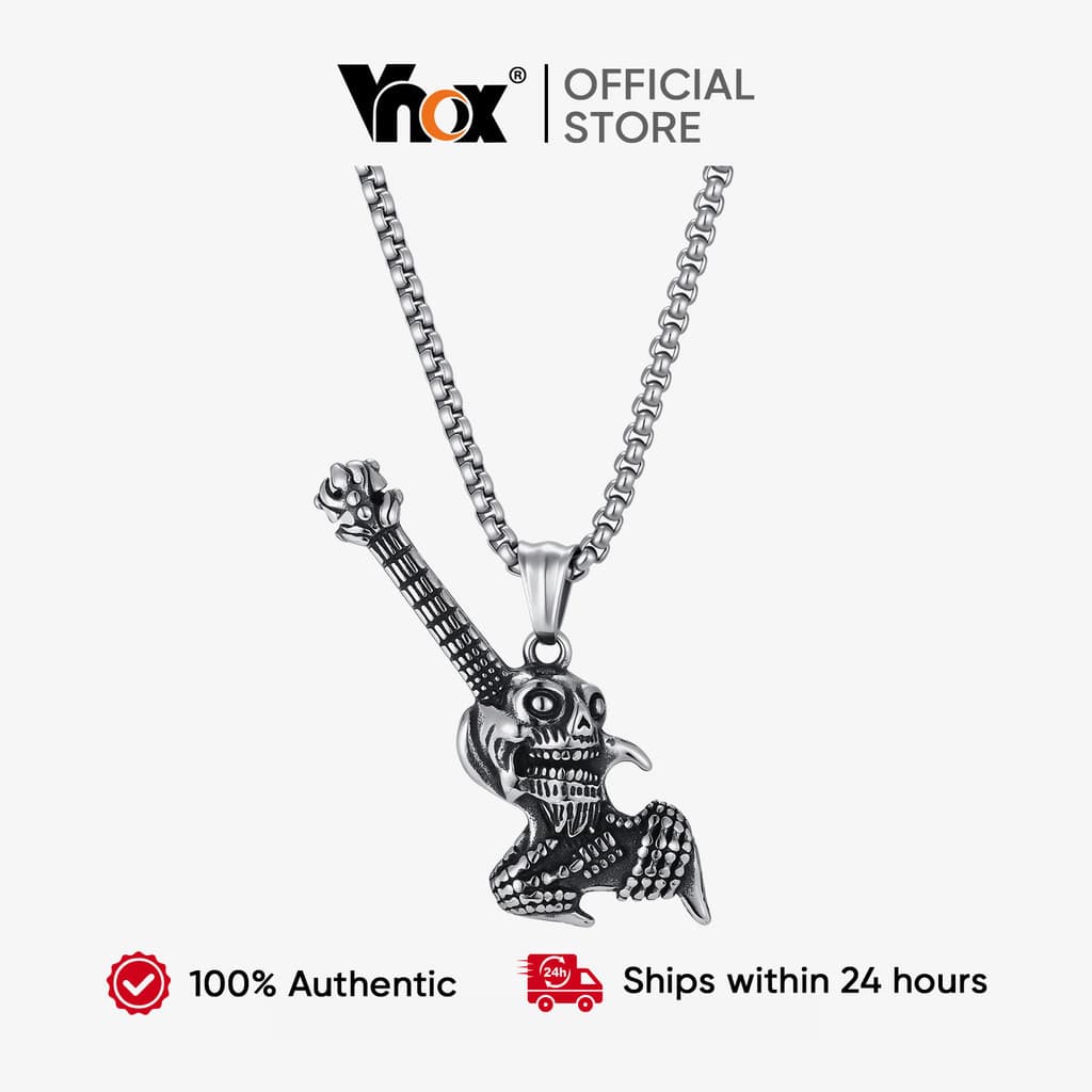 Colar Com Pingente De Guitarra Elétrica Vnox Rock Music Skull Para Homens , Joias De Pescoço Da Moda Em Aço Inoxidável