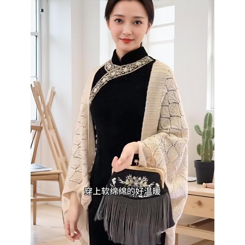 2024 em forma de diamante oco exterior combinando malha combinando Cheongsam xale manto feminino primavera outono All-Ma