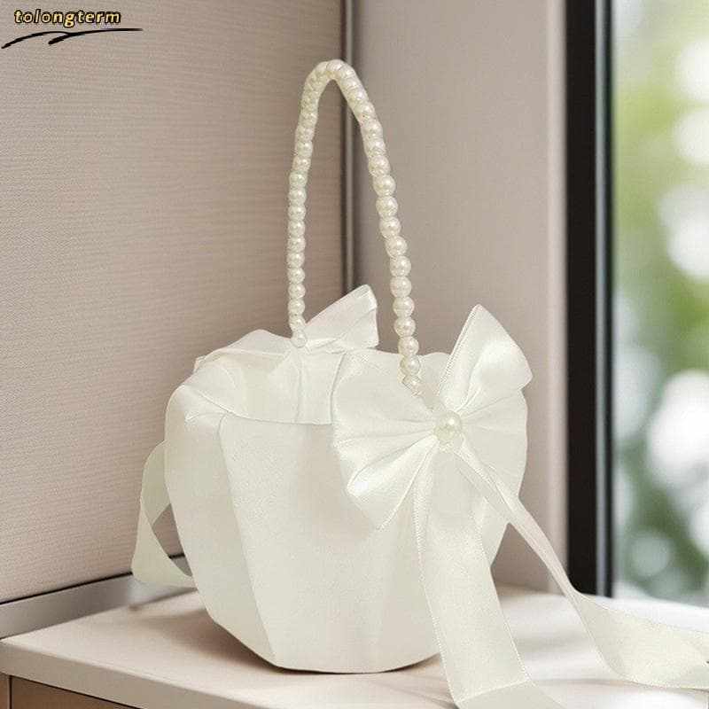 1Pc Pérola Alça Cesta De Flores Arco Cetim Branco Ocidental Rústico Bowknot De Casamento Para Pétalas Florais