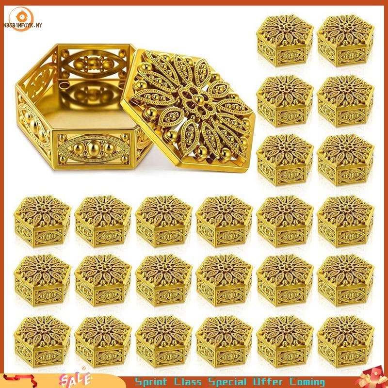 [Best seller] Caixa Hexagonal Dourada Decorativa 24 Peças Para Pooja Bulk Hollow Out Presentes De Retorno Indiano Recipi