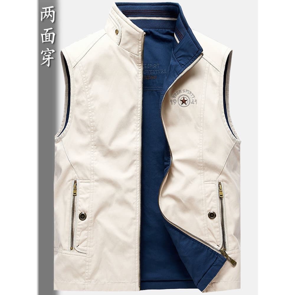 Primavera outono Casual colete masculino gola alta puro algodão solto colete de meia-idade dupla face usar colete outono