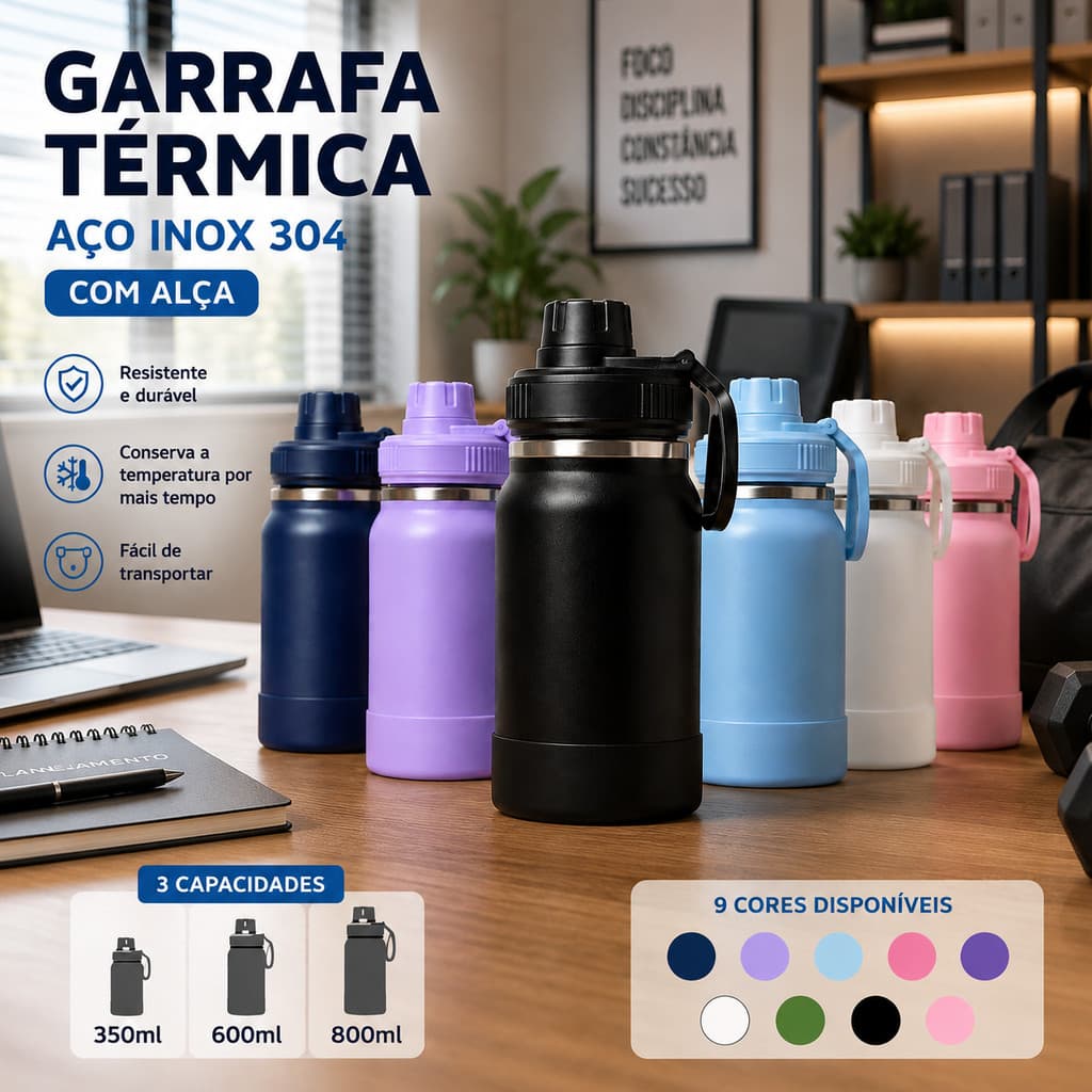Garrafa Térmica Aço Inox 304 com Alça 350ml 600ml 800ml Portátil
