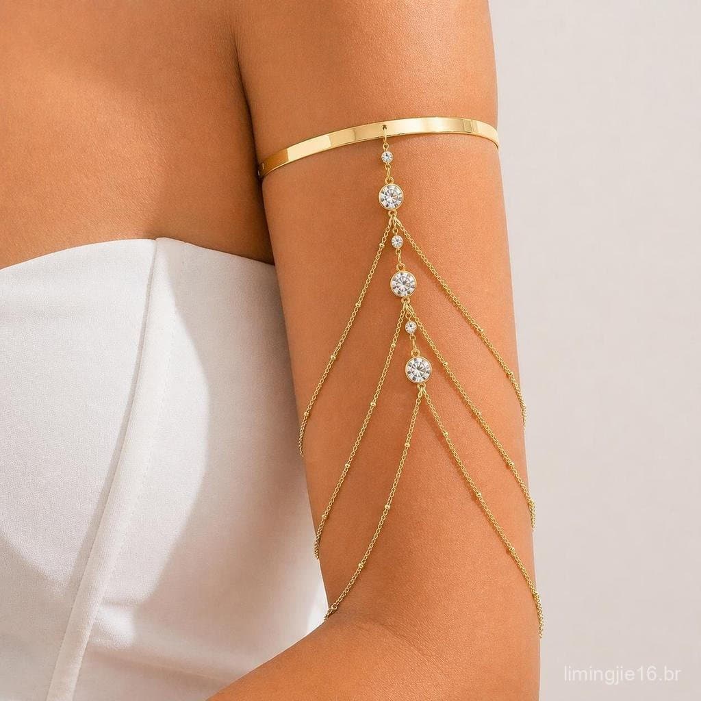 Pulseira feminina apresenta um design de corrente com borlas em várias camadas, cravejada com zircônias cúbicas