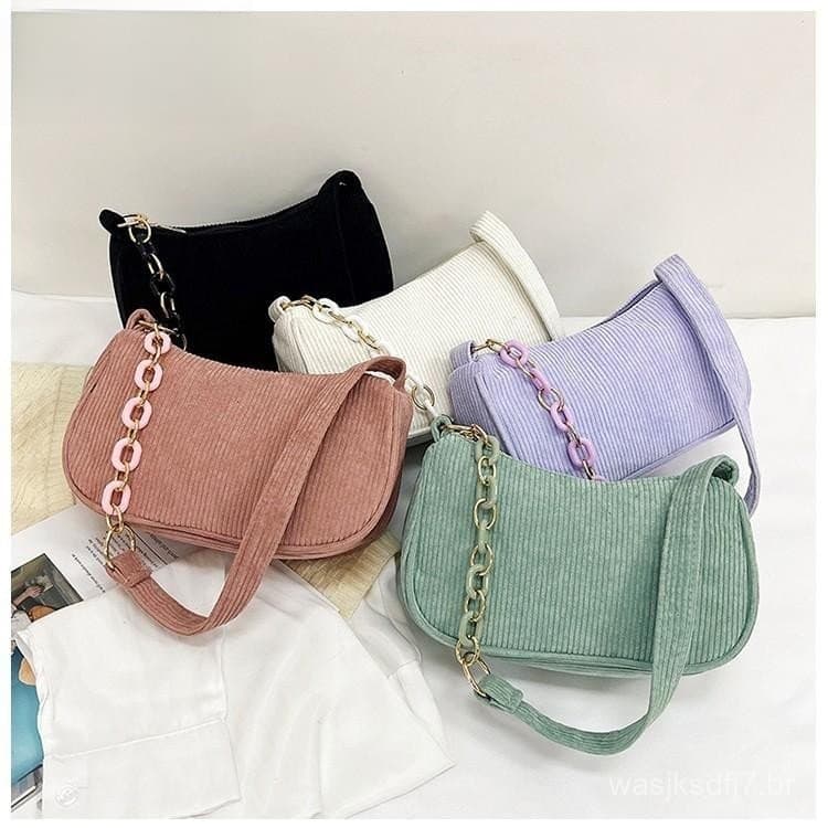 Bolsa de ombro feminina de veludo, com alça de corrente e zíper, uma bolsa elegante e leve.
