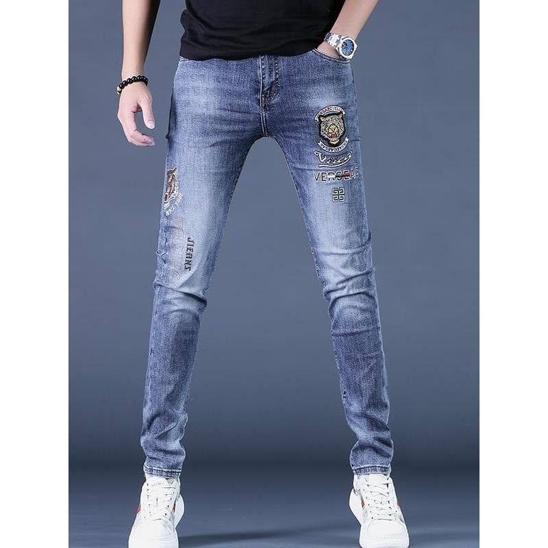 Novo azul masculino tigre bordado Jeans cor clara All-Match magro-ajuste estiramento calças magras masculinas calças exc