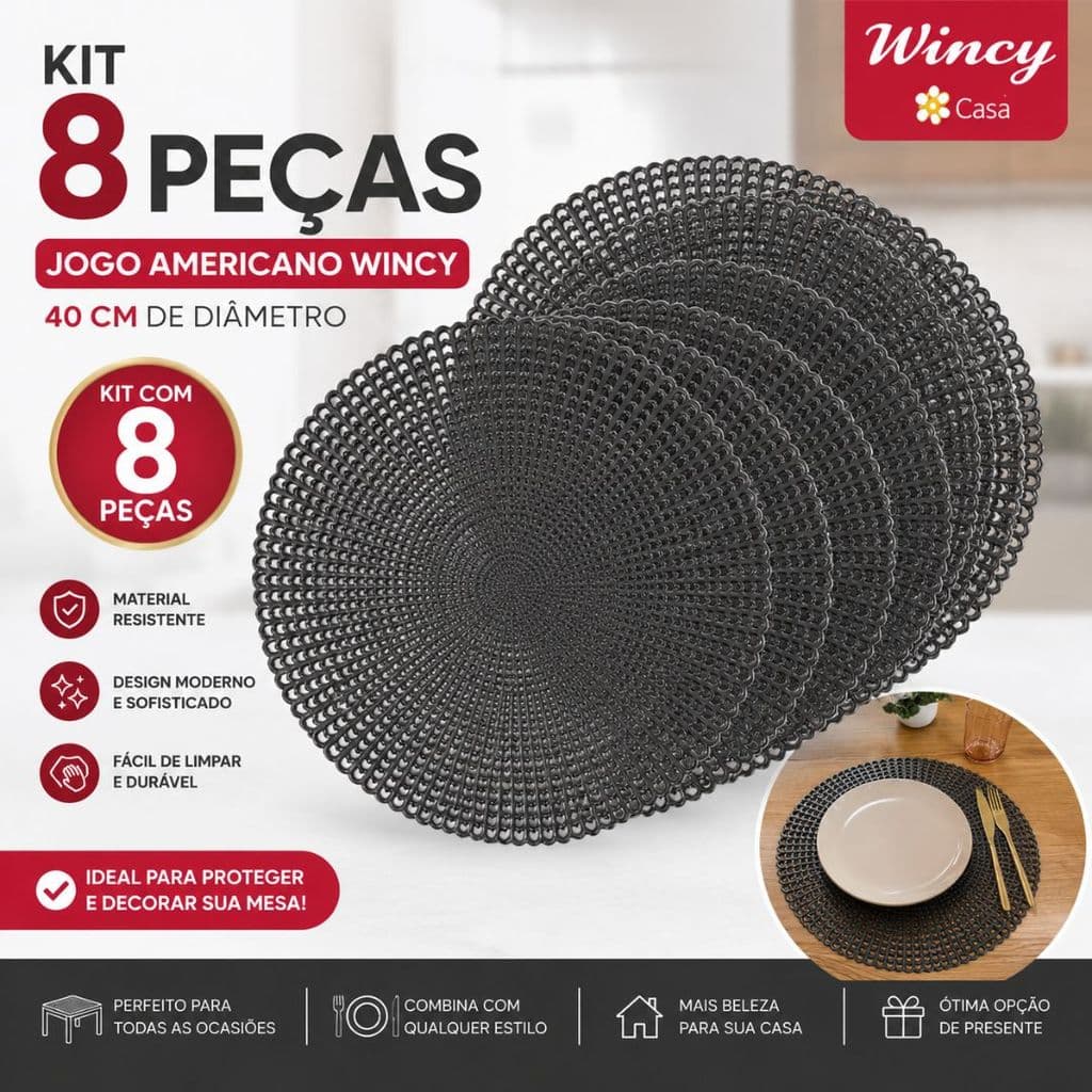 Jogo Americano Wincy PVC 40cm Kit 8 Peças Prata Preto Lavável Antiderrapante Mesa Posta Sousplat
