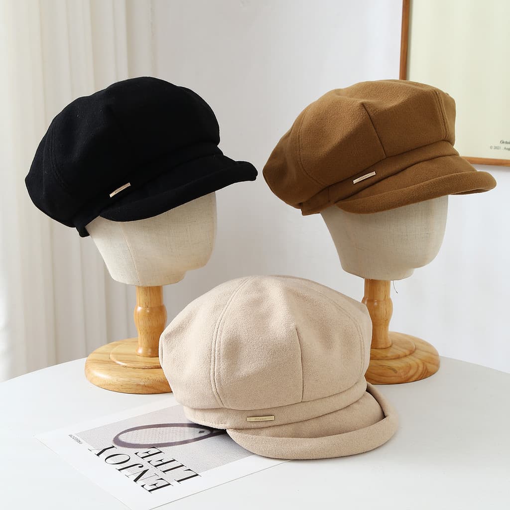 Outono inverno novo estilo chapéu octogonal feminino versão coreana moda Curling chapéu de lã pequeno rosto Retro All-Ma