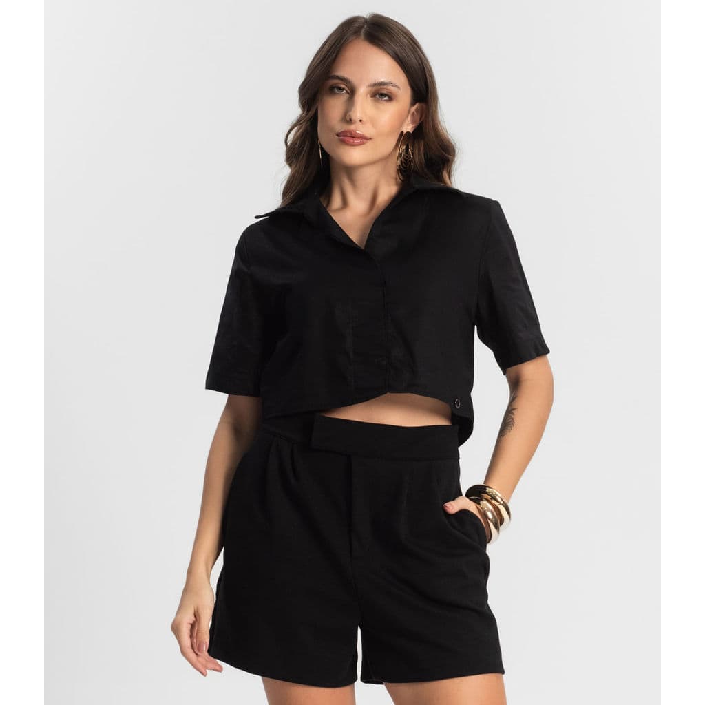 Camisa Feminina Cropped Box Em Popeline Endless Preto