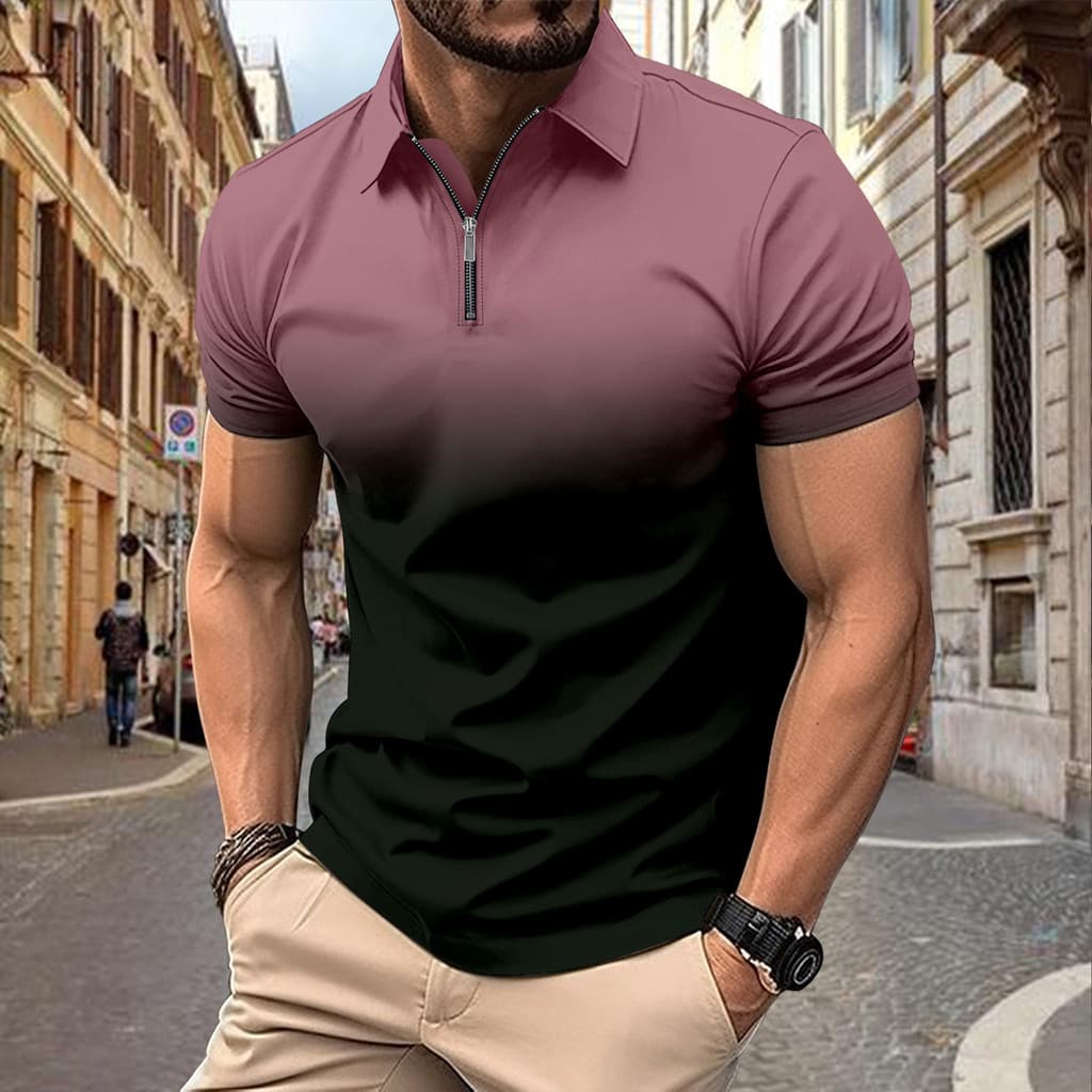 Camisa POLO masculina estampada com zíper listrado pano plano polo Camisa POLO