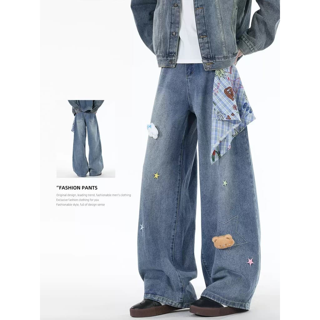 Design Sense Machete Jeans Calças Masculinas Soltas Perna Larga Outono 2026 Novo Estilo Calças de Estudante Juvenil