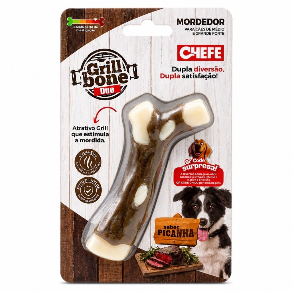 Mordedor Resistente para Cachorro Grill Bone Duo Chefe Sabor Picanha Nylon Tamanho M ou G