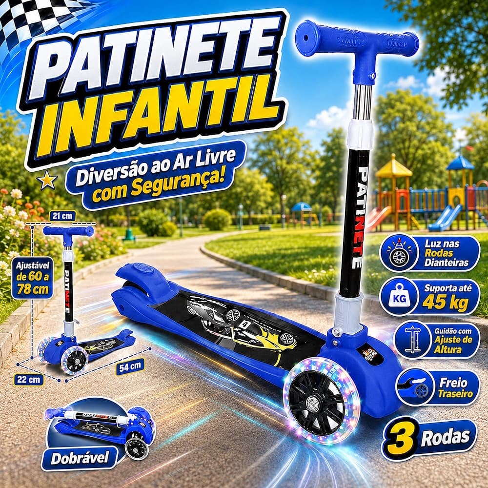 Patinete de Metal Luzes 3 Rodas Ajuste Altura Meninas e Meninos Rosa Azul Preto até 45kg