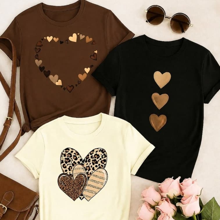 Kit 3 de Camisetas Femininas de algodao Coração Estampado Look Casual Romântico Confortável para o Dia a Dia