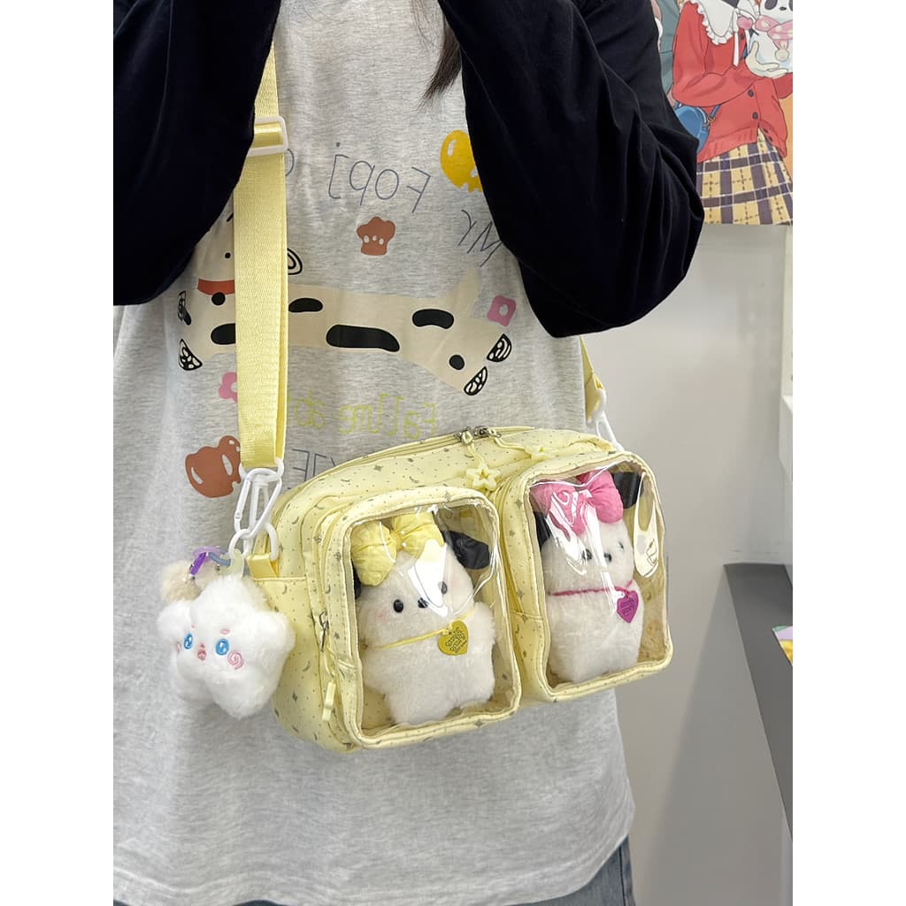 Bolsa mensageiro transparente de grade dupla para meninas, pode conter bonecas, meninas, armazenamento diário de viagem,