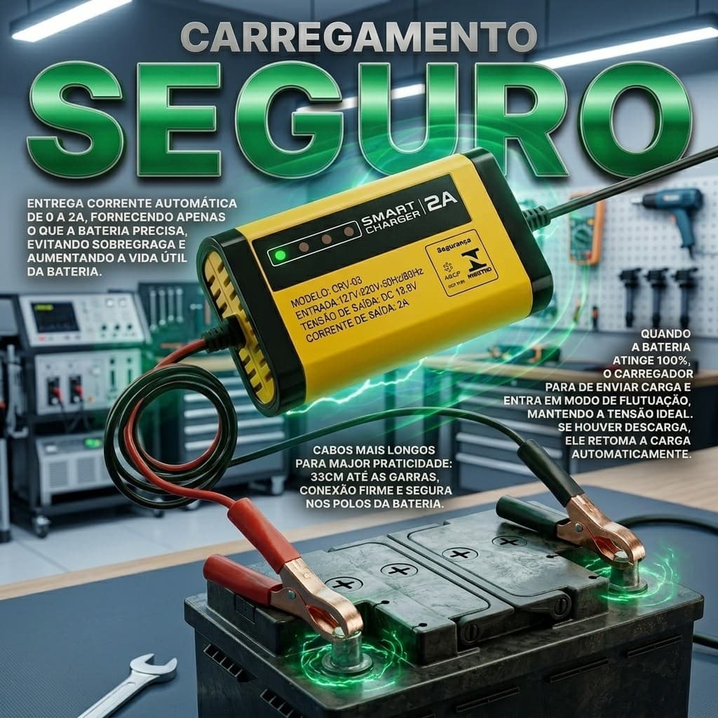 Carregador De Bateria 12V Automático Com Flutuação Não Vicia Bateria Garra Jacaré Carro Barco Full