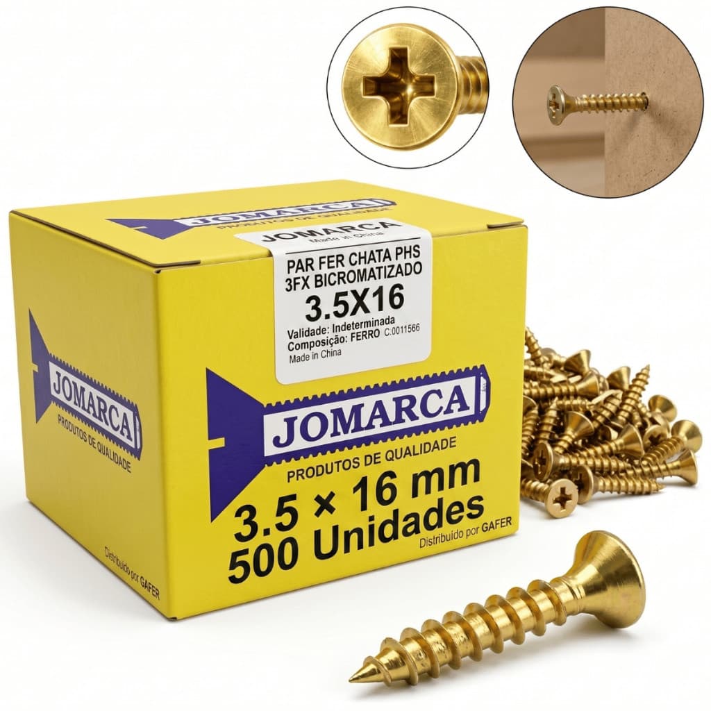 500 Parafusos Chipboard Chata Philips 3,5x16mm Para Madeira Maciça MDF Aglomerado Caixa Jomarca