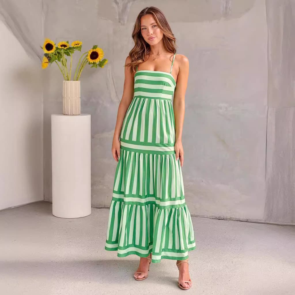 S32235 comércio exterior Cross-Border feminino listrado posicionamento impresso estilingue Halter bolso vestido feminino