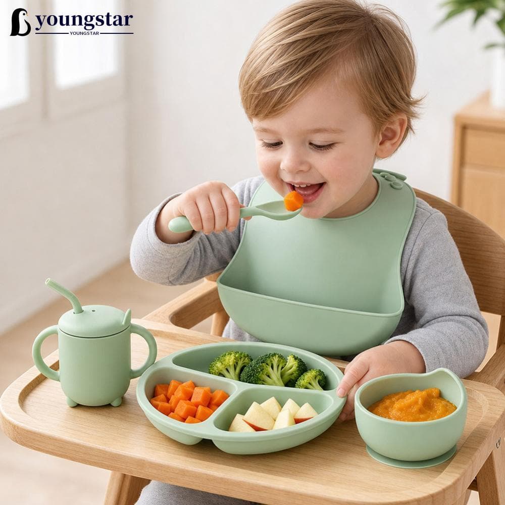 YOUNGSTAR Silicone Placa De Alimentação Do Bebê Tigela Colher Garfo Babador Copo oddler Desmame Utensílios De Mesa Para