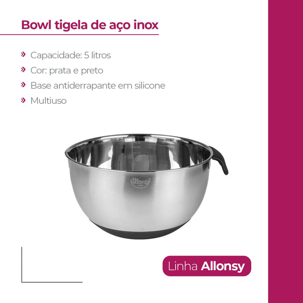 Tigela bowl aço inox multiuso 5l allonsy base antiderrapante 1 un