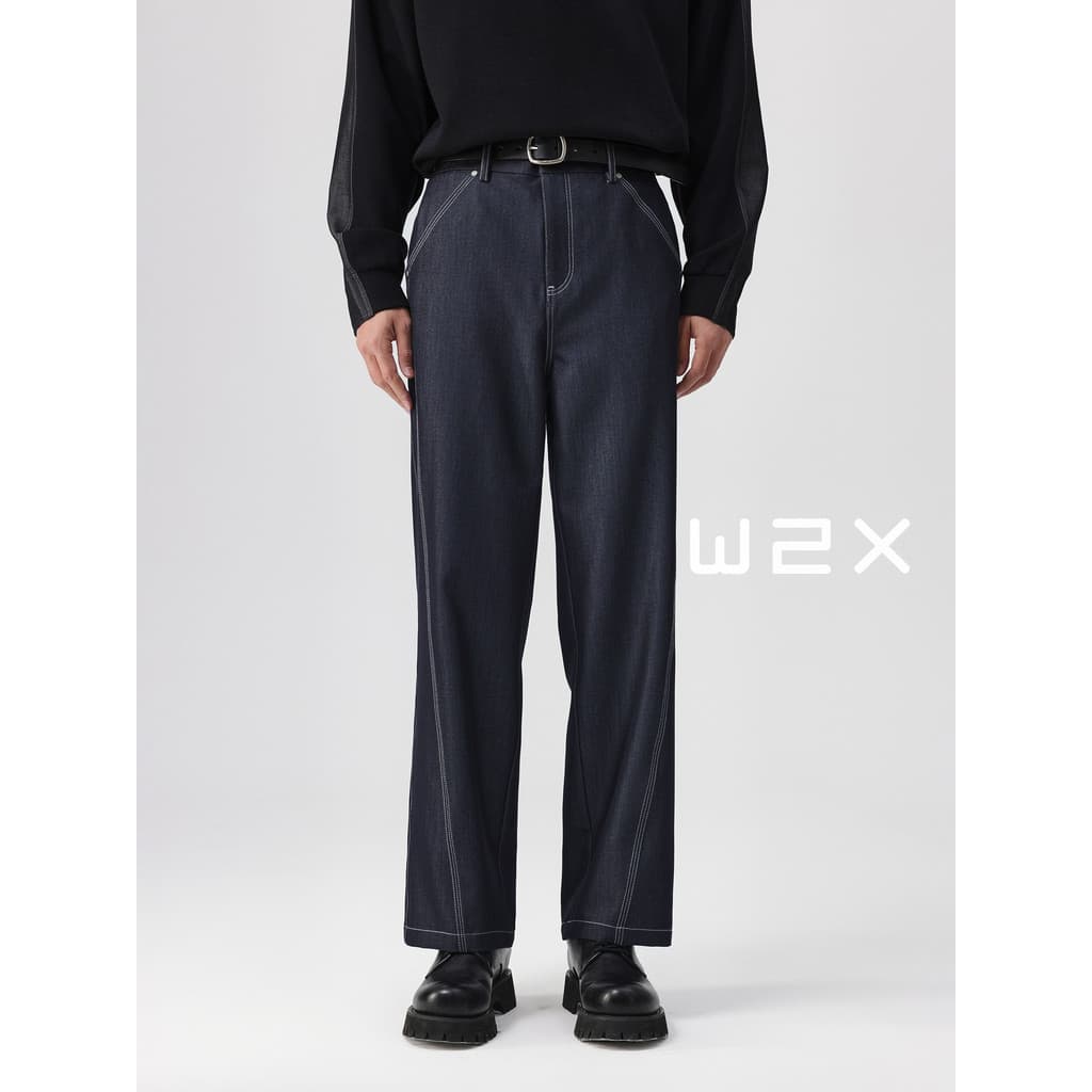 Calças de brim casuais masculinas linha aberta costura Design calças retas primavera outono solto Drape calças masculina