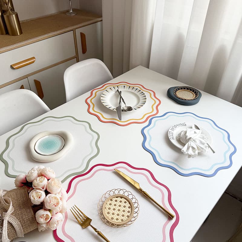 Sousplat de couro com estampa floral, tapete de mesa criativo em estilo coreano com blocos de cor e resistente ao calor,