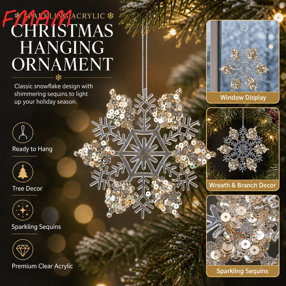 Enfeite De Natal Acrílico FMAM , Pingente De Árvore Com Laço Pendurado De Cristal , Ornamento De Floco De Neve Transpare