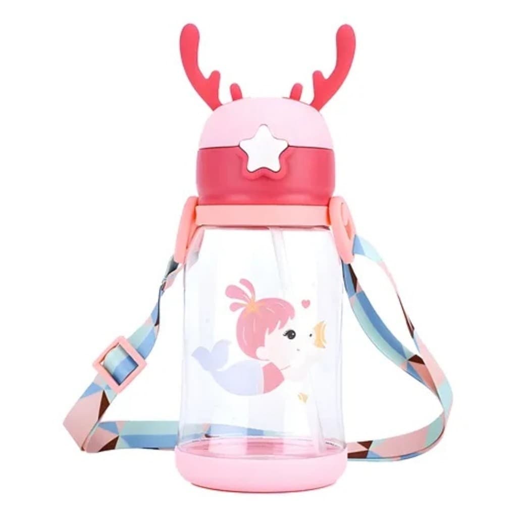 Garrafa Infantil Fofa Sereia 🧜‍♀️ Antivazamento + Canudo Silicone | Com Alça Ajustável (A05)