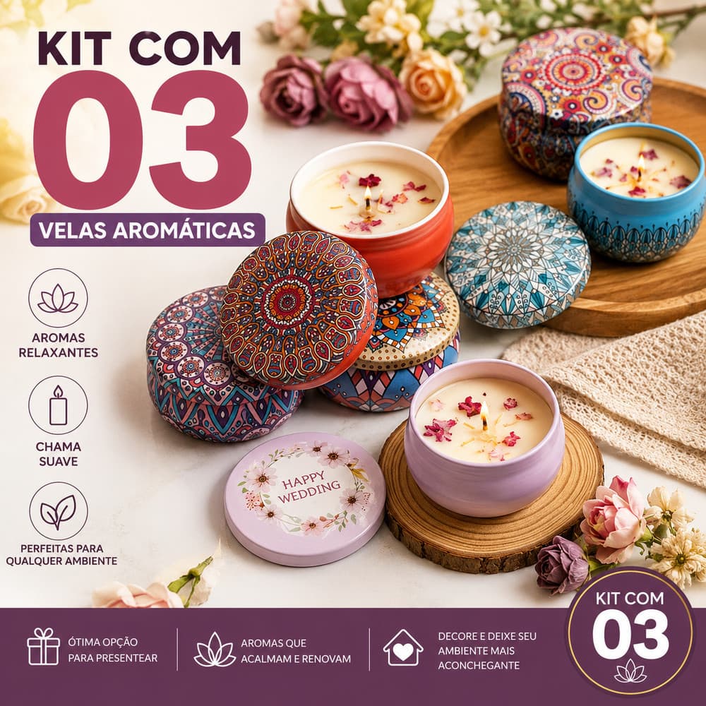 03 Vela Aromática Artesanal Perfumada Variada Caixinha Metal