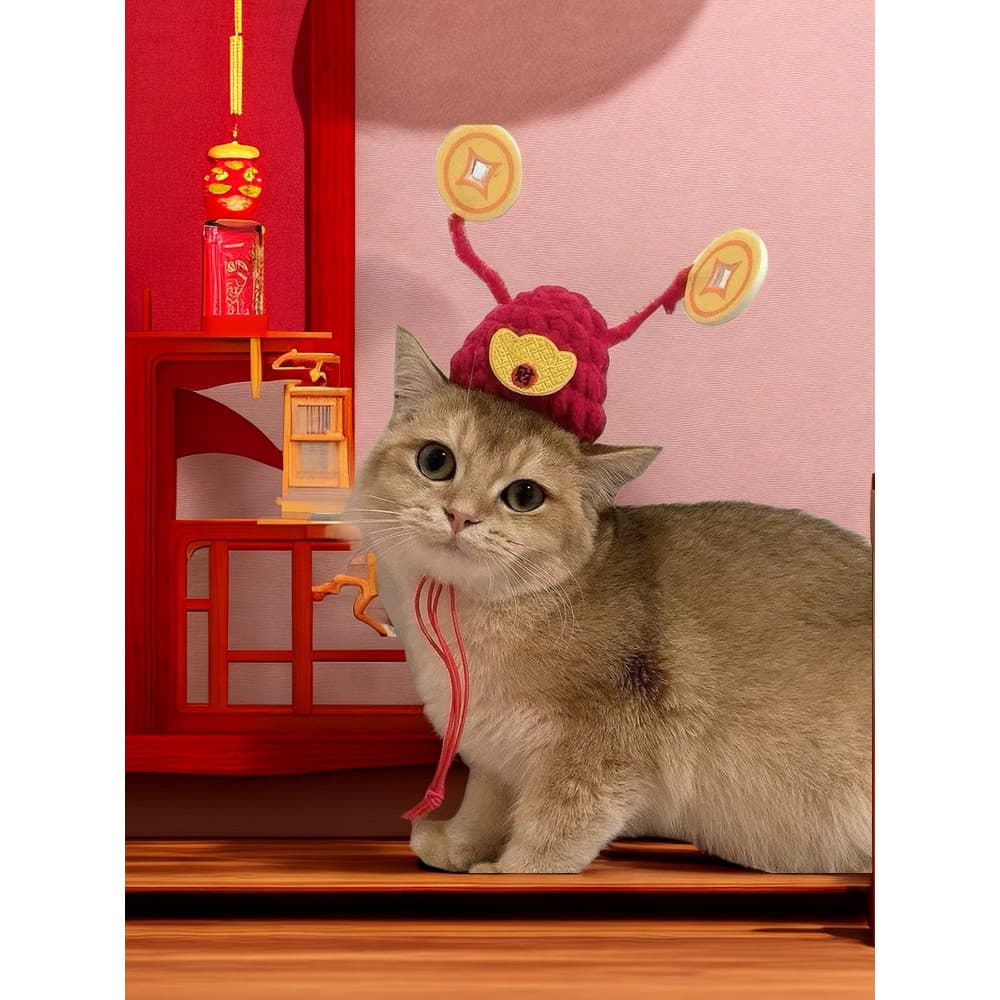 Chapéu para animais de estimação ano novo chinês festivo feito à mão ano novo deus da riqueza chapelaria gato da sorte c