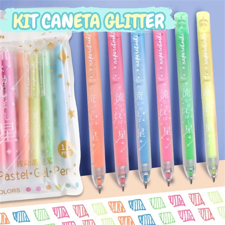 Kit 6 Caneta Glitter Gel Pastel Ponta 1.0mm Escrita Suave e Marcante Material Escolar Kwaii