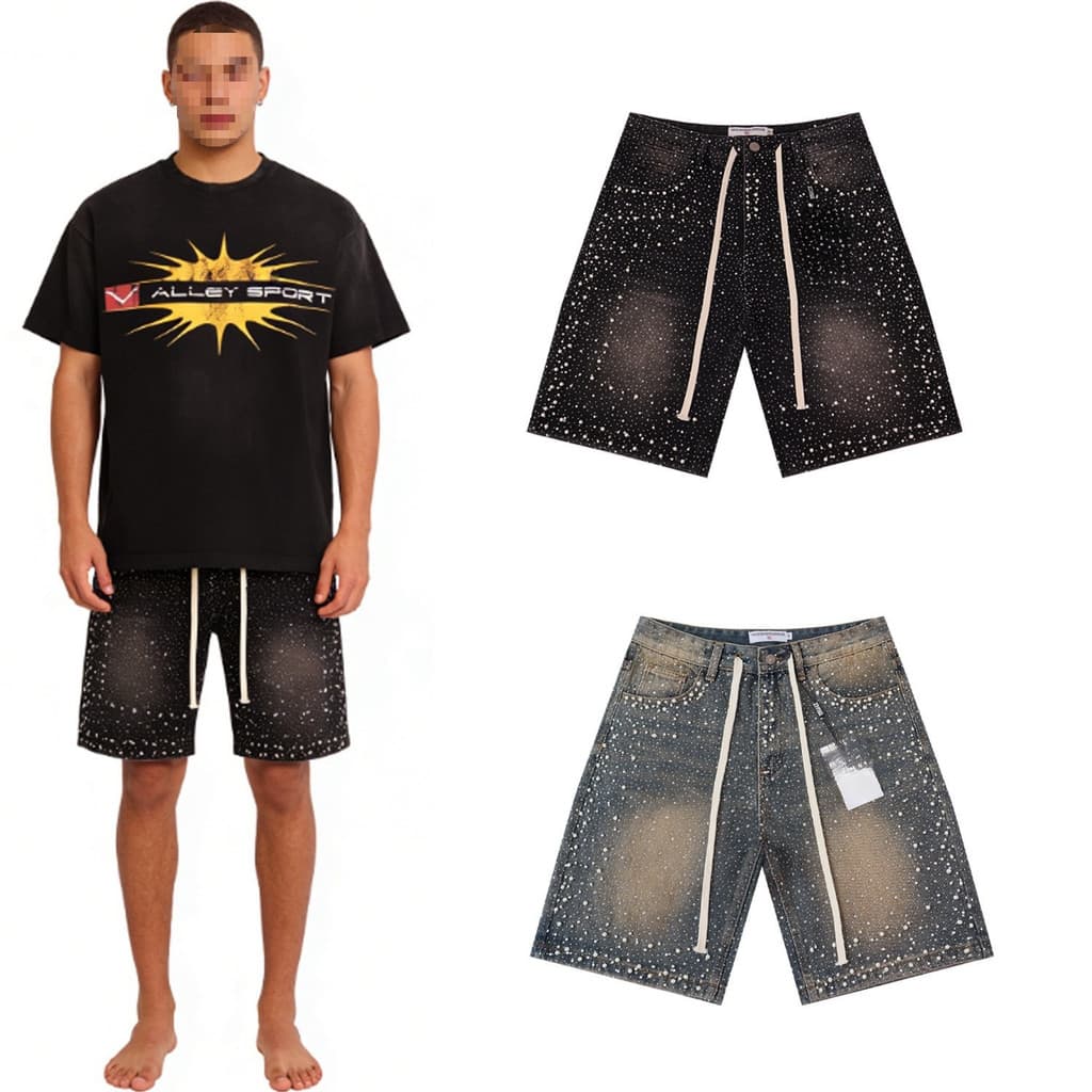 [Venda quente] VALE VALLEY Retro Hot-Diamante Frisado Jeans Lavados Homens Mulheres Soltas Retas Rua Casual Calças de Ci
