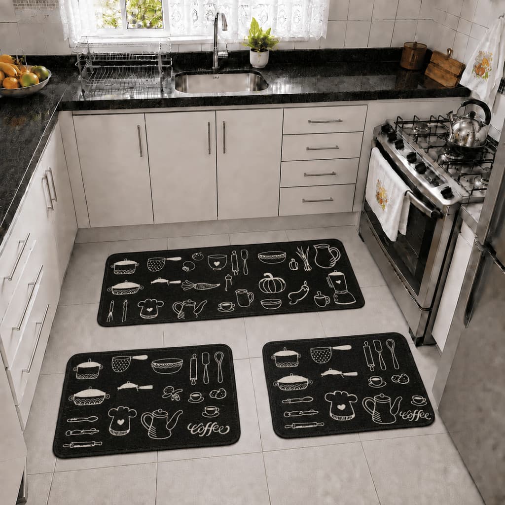 Kit Tapete de Cozinha 3 peças Antiderrapante Emborrachado