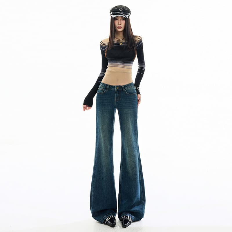 2026 Tone Design Ligeiramente Retro Lavado Angustiado Azul Escuro Stretch Cintura Média Alta Casual Esfregar Jeans