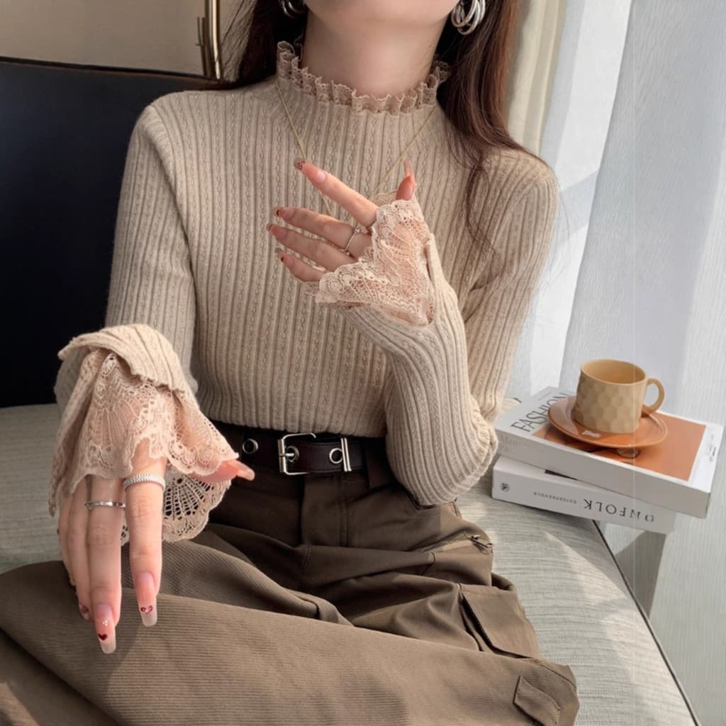 Camisa de fundo de malha interna de renda feminina primavera outono inverno branco meia gola alta suéter Top