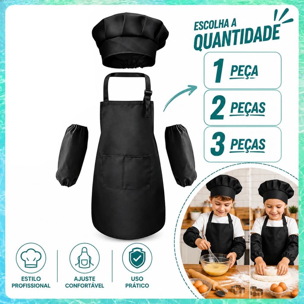 1/2/3 Kits Conjunto Chef Infantil Preto 62x46cm com Avental, Touca e Manguitos para Cozinha, Escola e Artes