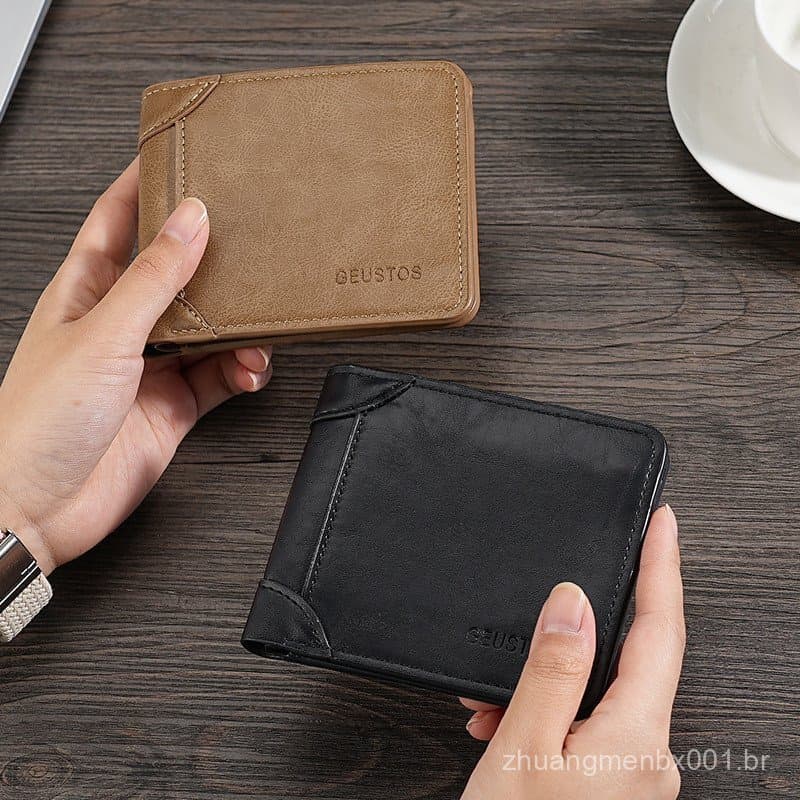 Porta-cartões de couro PU para carteira masculina, estilo curto, carteira masculina multifuncional com textura de couro