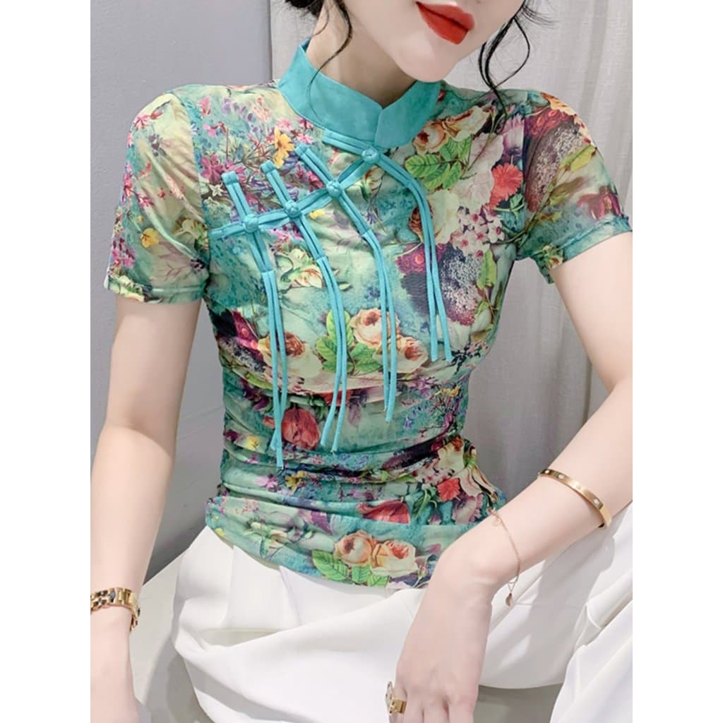 Novo estilo chinês topo feminino verão novo estilo fivela melhorada Hanfu Retro impresso pequena camisa moda de manga cu
