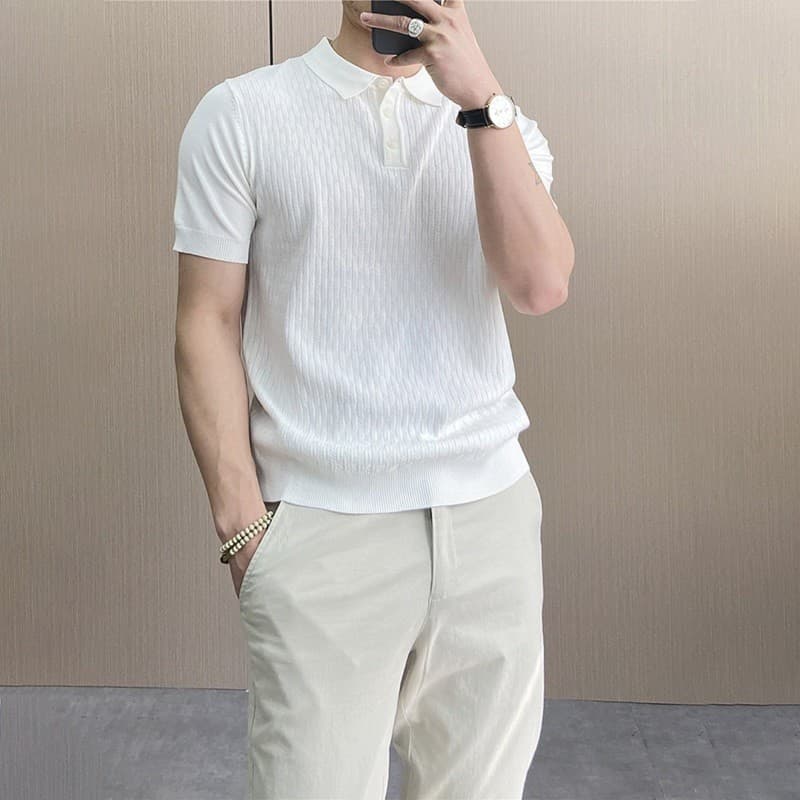 Verão fino gelo seda malha masculina camiseta na moda lapela branco de manga curta negócios britânico fino-ajuste