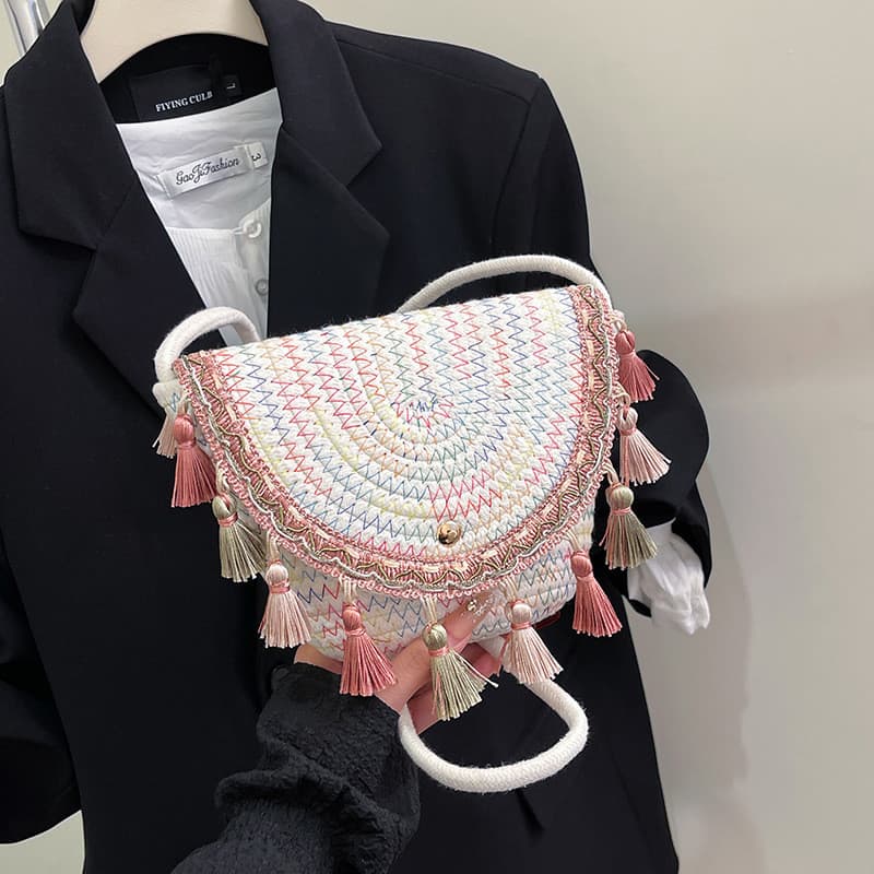 Estilo étnico tecido palha tecelagem verão pequena bolsa de ombro nicho moda estilo Pastoral 2026 novo estilo saco de pa