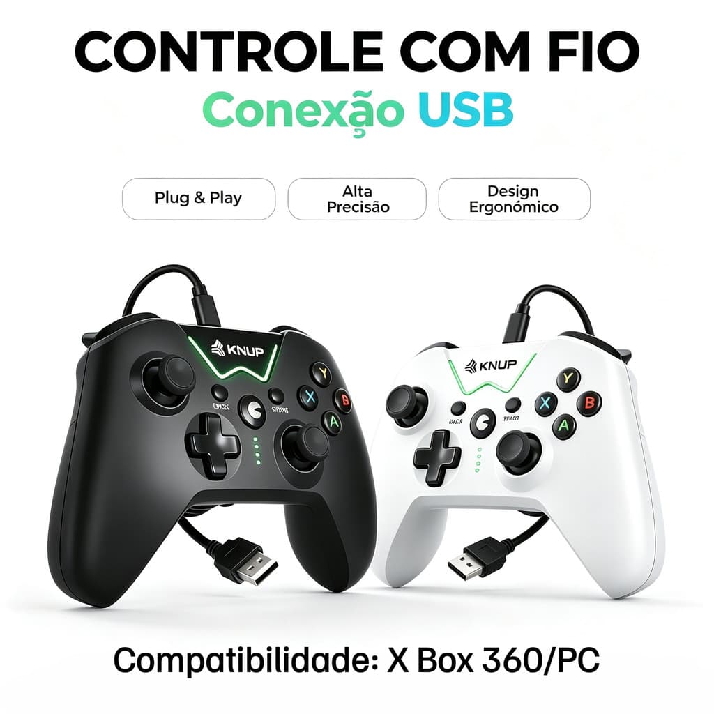 Controle Joystick Conexão USB com Vibração Ajustável Manete Analógico Botões Ergonômicos Controle no Headset Xbox 360 PC