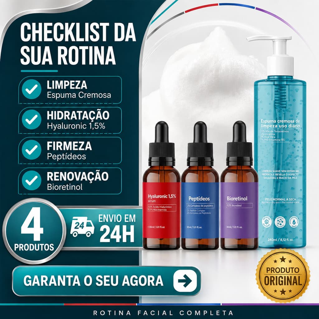 Kit Skincare Facial Completo 4 Itens Espuma de Limpeza 240ml + Séruns Ácido Hialurônico, Peptídeos e Bioretinol