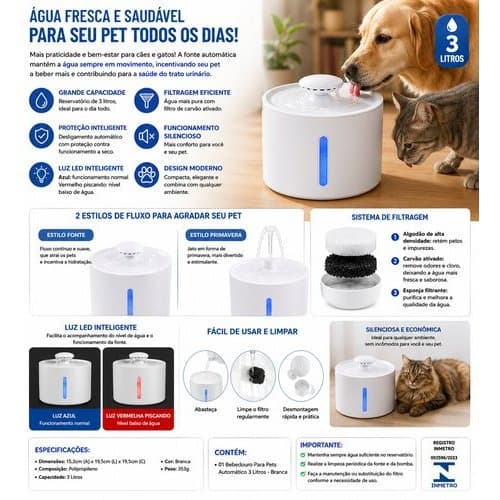 Bebedouro Automático Capacidade 3 Litros Para Cães Gatos Reservatório Branco