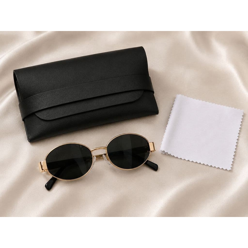 Kit Óculos de Sol Feminino Oval Retrô Vintage Dourado UV400 + Case + Flanela